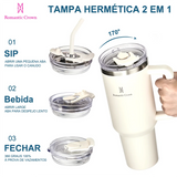 Copo térmico portátil ROMANTIC CROWN em aço inoxidável, 1200ml/1,2L, com tampa e canudo.