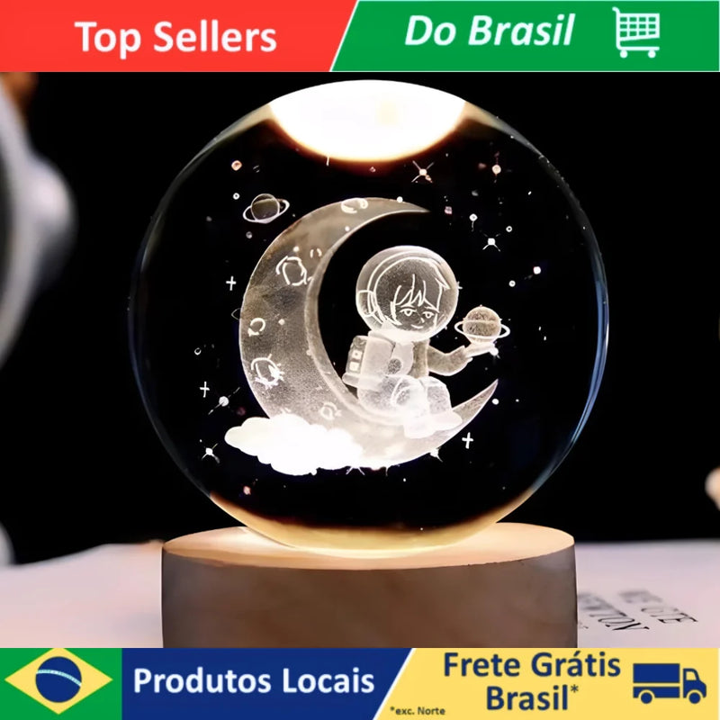 Luminária Cristal De Mesa Bola de Cristal Planeta Terra, Lua, Galáxia e Sistema Solar LED Base De Madeira Decoração