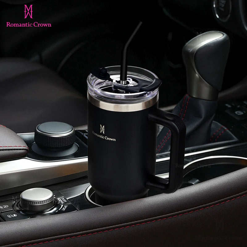 Copo térmico portátil ROMANTIC CROWN em aço inoxidável, 1200ml/1,2L, com tampa e canudo.