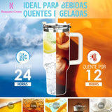Copo térmico portátil ROMANTIC CROWN em aço inoxidável, 1200ml/1,2L, com tampa e canudo.
